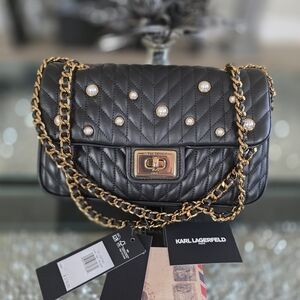 Karl Lagerfeld Black Quilted Shoulder Bag with Gold Chain and Pearl Accents